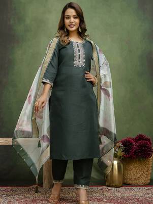 Green color beautiful cotton blend readymade kurta set with embroidery  1