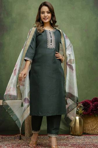 Green color beautiful cotton blend readymade kurta set with designer embroidery work