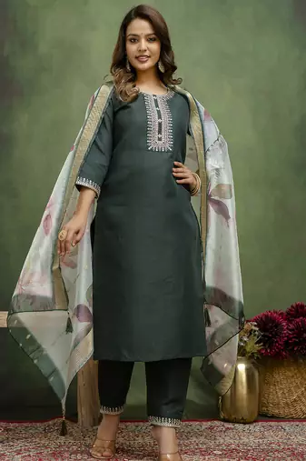 Green color beautiful cotton blend readymade kurta set with designer embroidery work