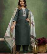 Green color beautiful cotton blend readymade kurta set with designer embroidery work