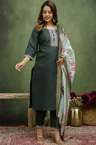 Green color beautiful cotton blend readymade kurta set with embroidery 