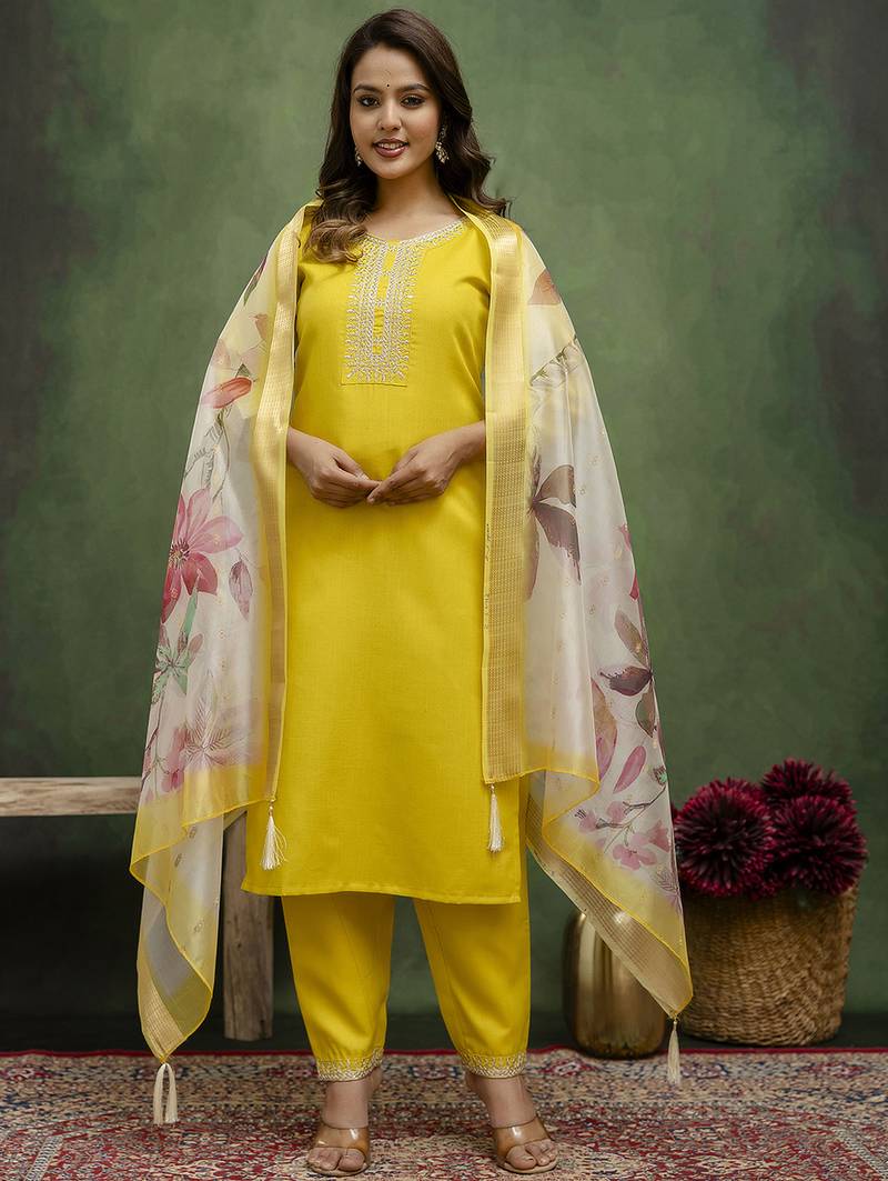 Lemon color beautiful cotton blend readymade kurta set with designer embroidery work