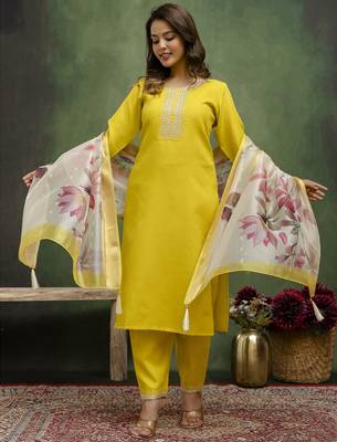 Lemon color beautiful cotton blend readymade kurta set with embroidery  4