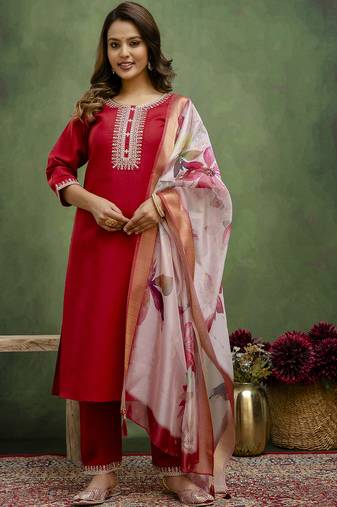Maroon color beautiful cotton blend readymade kurta set with designer embroidery work