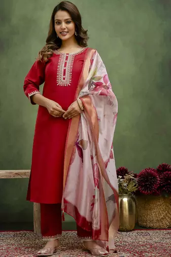 Maroon color beautiful cotton blend readymade kurta set with designer embroidery work