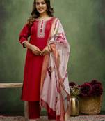 Maroon color beautiful cotton blend readymade kurta set with designer embroidery work