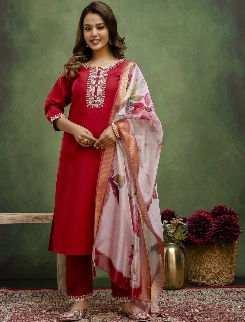 Maroon color beautiful cotton blend readymade kurta set with designer embroidery work