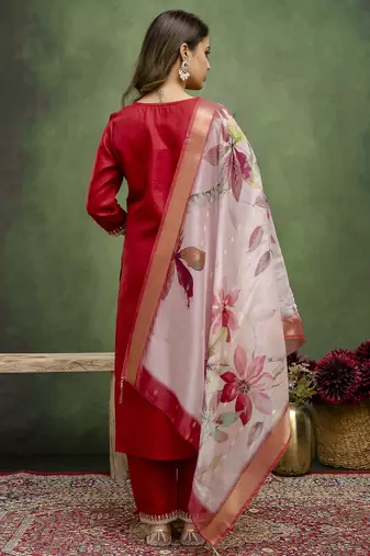 Maroon color beautiful cotton blend readymade kurta set with embroidery 