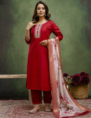 Maroon color beautiful cotton blend readymade kurta set with embroidery  4