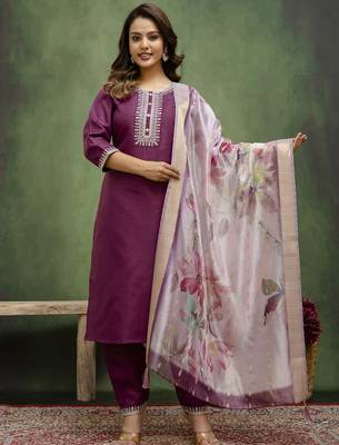 Purple color beautiful cotton blend readymade kurta set with embroidery  1