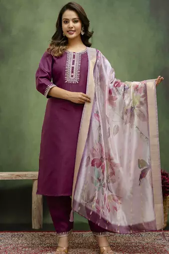 Purple color beautiful cotton blend readymade kurta set with designer embroidery work