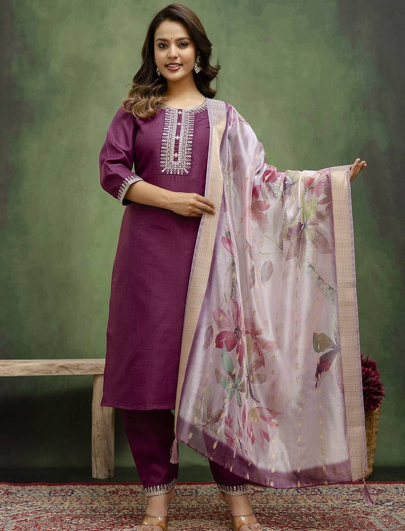 Purple color beautiful cotton blend readymade kurta set with designer embroidery work