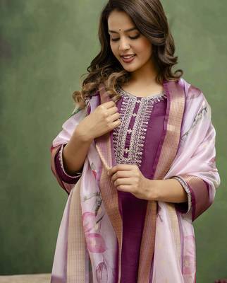 Purple color beautiful cotton blend readymade kurta set with embroidery  3
