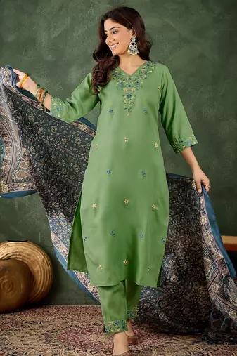 Pista color beautiful cotton blend readymade kurta set with designer embroidery work