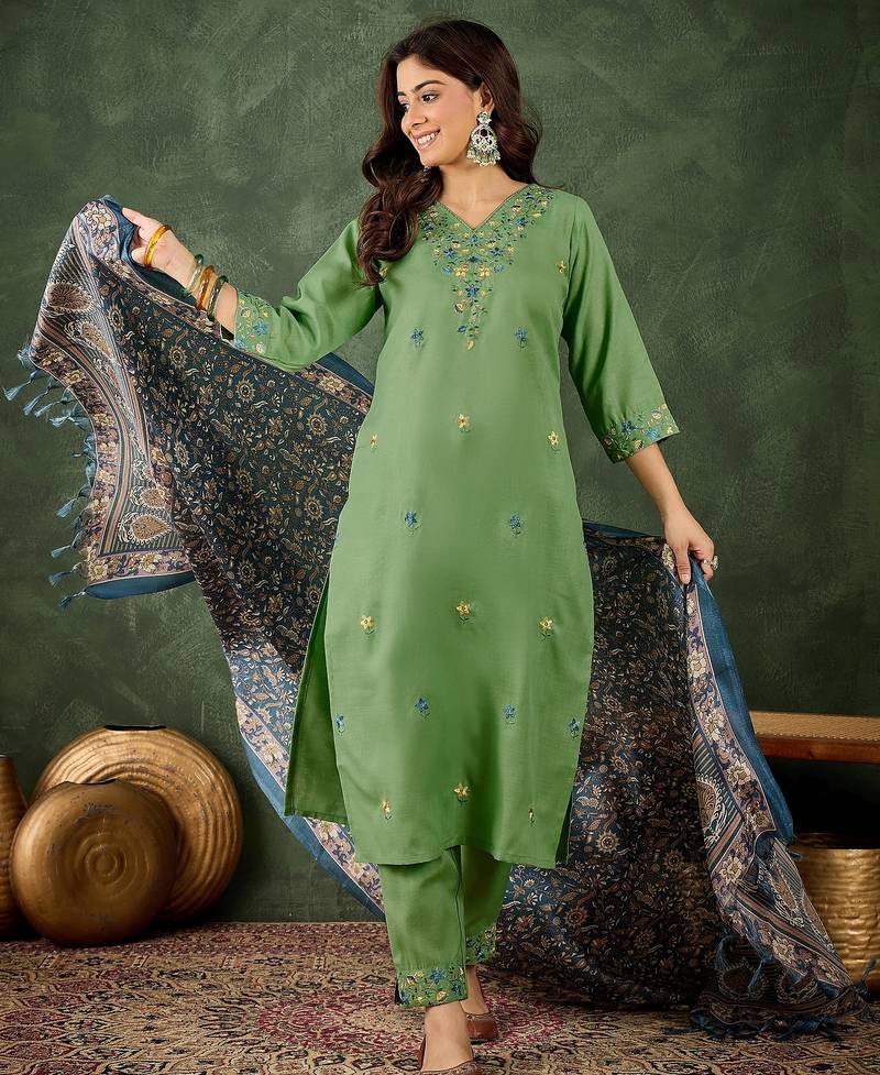 Pista color beautiful cotton blend readymade kurta set with designer embroidery work