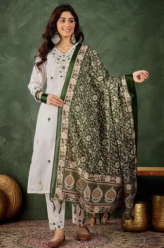 White color beautiful cotton blend readymade kurta set with designer embroidery work
