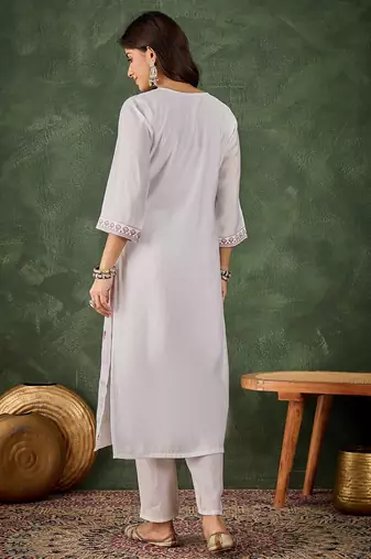Lavender color roman silk blend kurta set for embroidered ceremonial looks
