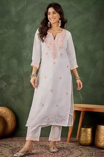 Peach color roman silk blend ethnic kurta set for embroidered ceremonial looks