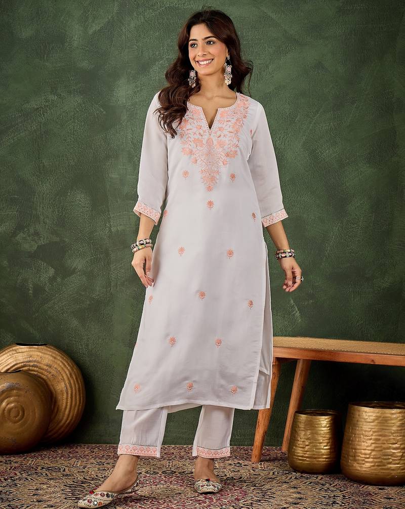 Peach color roman silk blend ethnic kurta set for embroidered ceremonial looks
