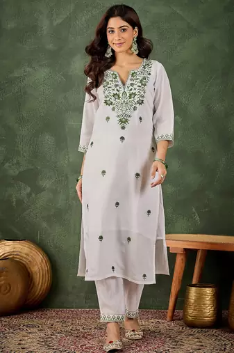 Green color roman silk blend ethnic kurta set for embroidered ceremonial looks