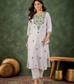 Green color roman silk blend ethnic kurta set for embroidered ceremonial looks