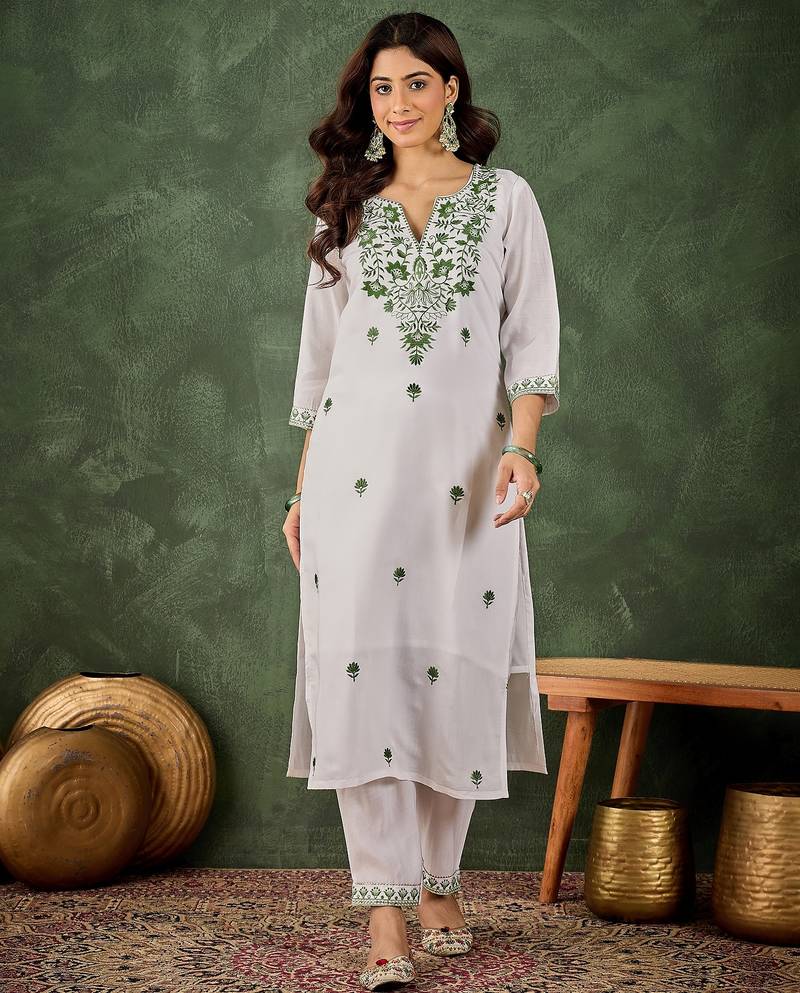 Green color roman silk blend ethnic kurta set for embroidered ceremonial looks