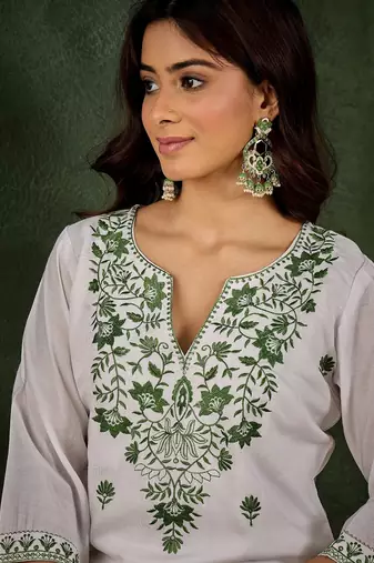 Green color roman silk blend kurta set for embroidered ceremonial looks