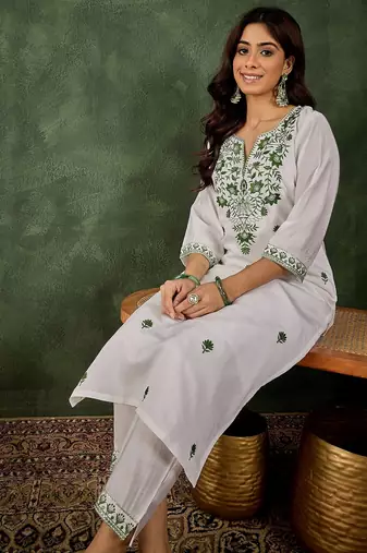 Green color roman silk blend kurta set for embroidered ceremonial looks