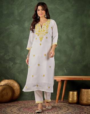 Yellow color roman silk blend kurta set for embroidered ceremonial looks 1