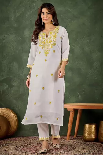 Yellow color roman silk blend ethnic kurta set for embroidered ceremonial looks