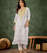 Yellow color roman silk blend ethnic kurta set for embroidered ceremonial looks