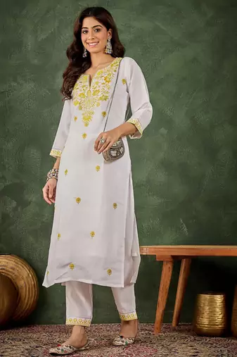Yellow color roman silk blend kurta set for embroidered ceremonial looks