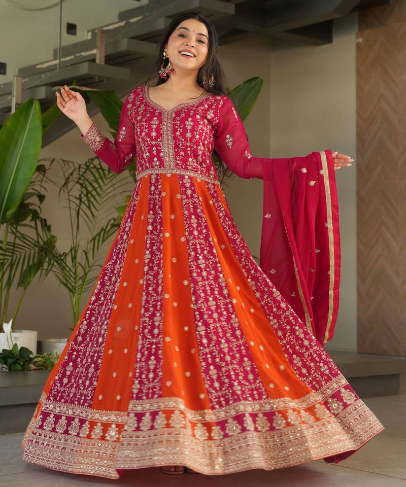 Pink color heavy wedding wear faux georgette sequins embroidered bridesmiad gown with dupatta
