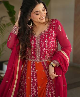 Pink color heavy wedding wear faux georgette sequins embroidered bridesmiad gown with dupatta 4