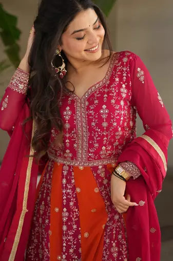 Pink color heavy wedding wear faux georgette sequins embroidered bridesmiad gown with dupatta