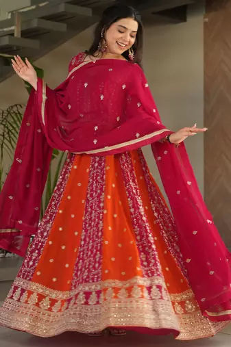 Pink color heavy wedding wear faux georgette sequins embroidered bridesmiad gown with dupatta