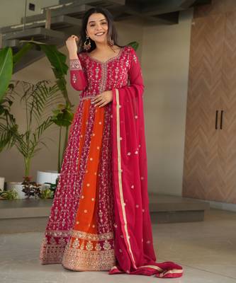 Pink color heavy wedding wear faux georgette sequins embroidered bridesmiad gown with dupatta 6