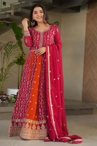 Pink color heavy wedding wear faux georgette sequins embroidered bridesmiad gown with dupatta