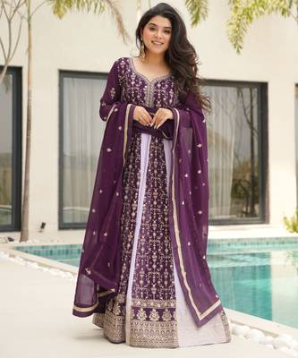 Wine color heavy wedding wear faux georgette sequins embroidered bridesmiad gown with dupatta 1