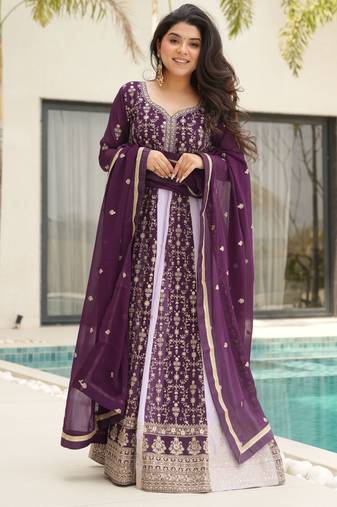 Wine color heavy wedding wear faux georgette sequins embroidered bridesmiad gown with dupatta