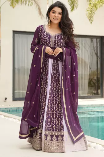 Wine color heavy wedding wear faux georgette sequins embroidered bridesmiad gown with dupatta