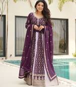Wine color heavy wedding wear faux georgette sequins embroidered bridesmiad gown with dupatta