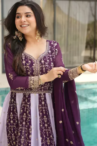 Wine color heavy wedding wear faux georgette sequins embroidered bridesmiad gown with dupatta