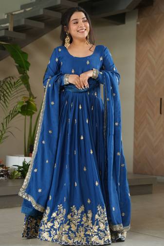 Beautiful blue color festive special chinon fabric sequins embroidered trendy gown with dupatta