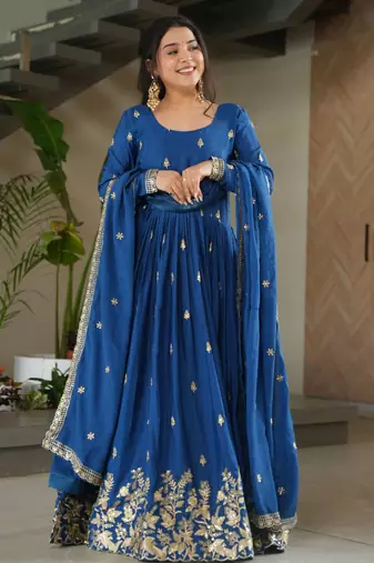 Beautiful blue color festive special chinon fabric sequins embroidered trendy gown with dupatta