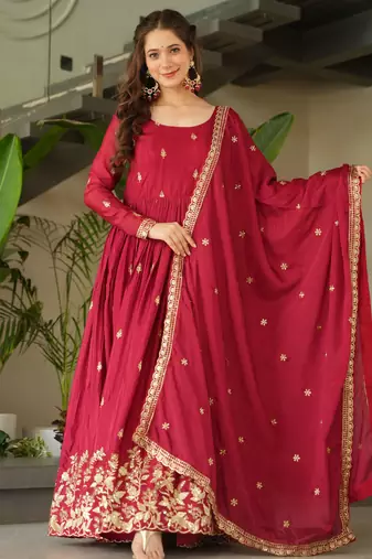 Beautiful maroon color festive special chinon fabric sequins embroidered trendy gown with dupatta