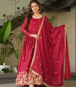 Beautiful maroon color festive special chinon fabric sequins embroidered trendy gown with dupatta