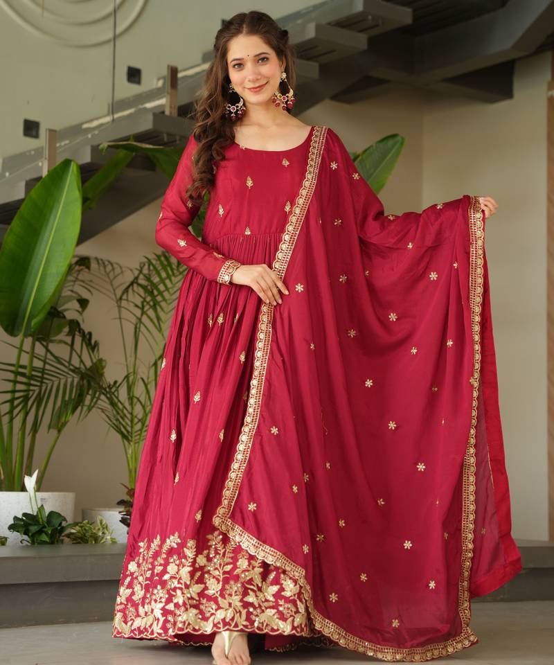 Beautiful maroon color festive special chinon fabric sequins embroidered trendy gown with dupatta