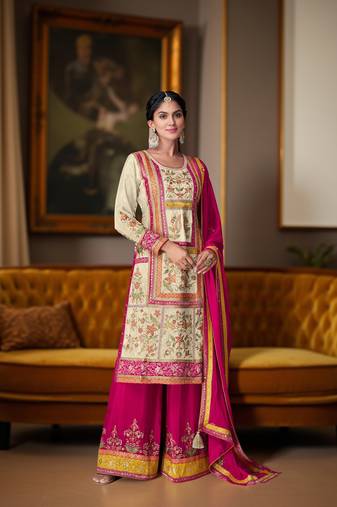 Pink color chinon fabric designer embroidered readymade suit for girls