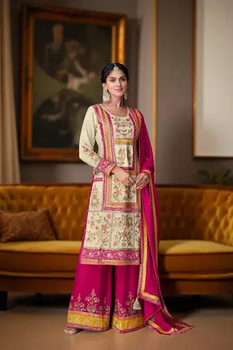Pink color chinon fabric designer embroidered readymade suit for girls